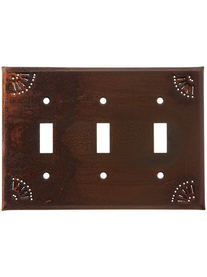 Pierced Country Tin Triple Toggle Switch Plate in Rustic Tin.